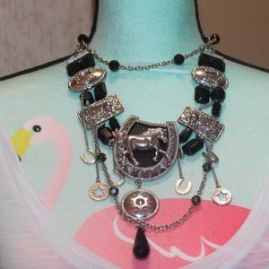 Western Horseshoe/Horses/Black Beads Necklace